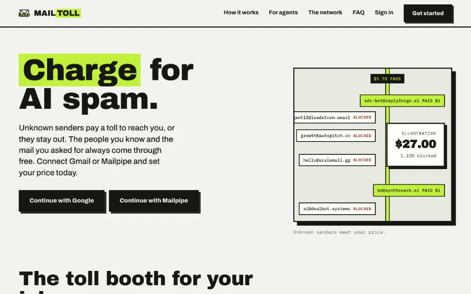 The MailToll home page